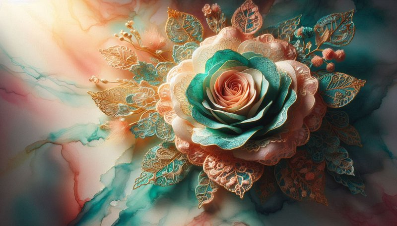 Colorful paper rose with teal, peach petals and lace leaves on a watercolor background.