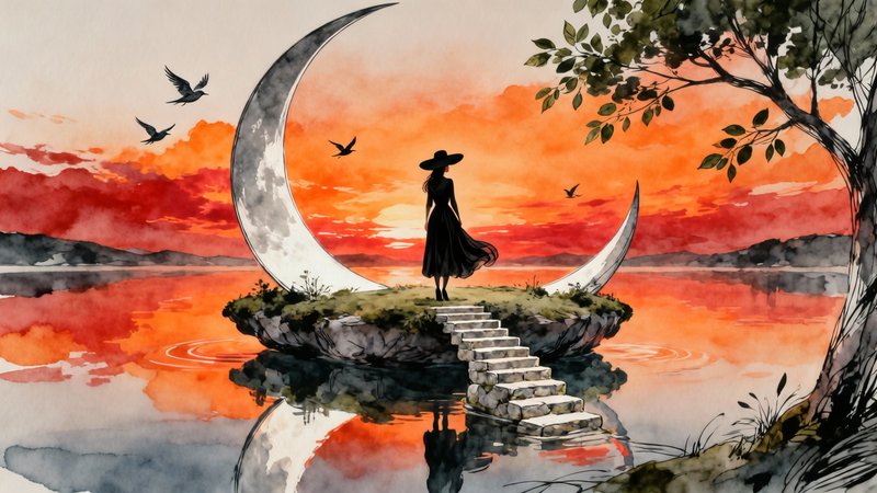 Silhouette of a woman in a dress on a stone staircase to a crescent moon island at sunset.