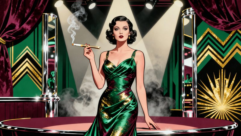 Vintage-pinup woman in emerald green dress stands at a casino-style stage, smoking a cigarette.
