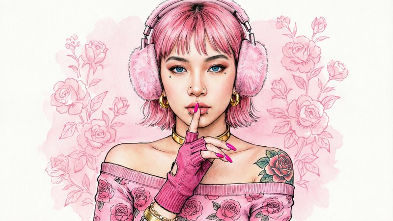 A highly detailed, ink-punk, watercolor wash, portrait of a slim young woman in her early twenties with short pink bobbed hair and blue eyes. She wears a pink off-shoulder sweater with rose patterns, pink fingerless gloves, gold earrings, a gold choker, and has a rose tattoo on her upper arm. she wears furry pink headphones, Set against a simple pink floral motif background, she poses with her finger to her lips and gazes at the viewer neutrally. Her nails are painted bright pink, and her style includes modest jewelry and visible piercings.