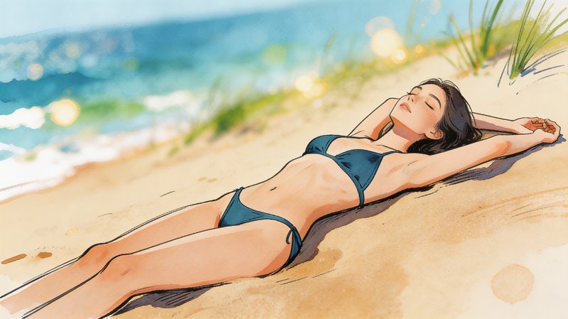 Woman in a blue bikini sunbathing on a sandy beach with sea and grasses in the background.
