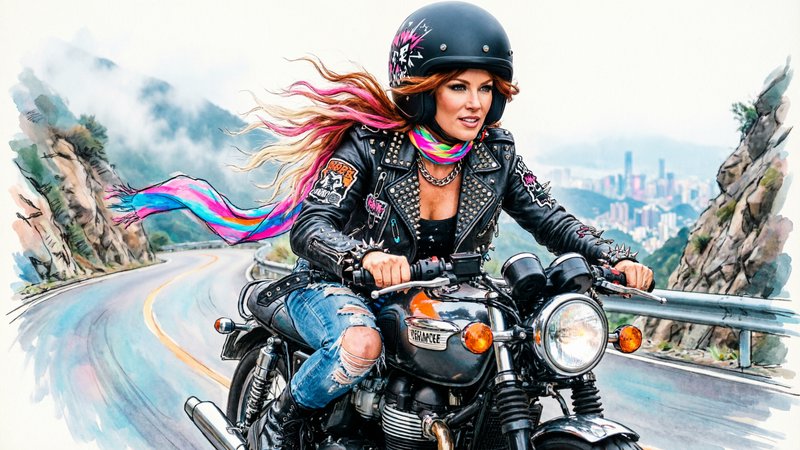 A confident woman riding a classic Triumph motorcycle along a winding mountain road, heading toward the viewer in a close mid view. She embodies ink-punk biker fashion with a modern twist, wearing a black leather jacket adorned with metallic studs and graphic patches, ripped denim, chunky boots, and bold accessories like chain necklaces and spiked bracelets. On her head, she sports a matte black crash helmet decorated with bold punk-inspired decals, tilted back just enough to reveal her striking features. Her auburn hair, streaked with vivid pink and soft blonde at the tips, escapes from beneath the helmet and streams dramatically behind her, catching the wind and adding a dynamic, ethereal flair to the scene. Incorporate punk elements such as safety pins and DIY embellishments, with vibrant accents like a neon scarf fluttering in the wind or colorful hair streaks adding to her dynamic presence. Render the scene with expressive, sketchy ink lines and energetic watercolor washes in electric blue, hot pink, and orange, capturing the sense of movement and attitude. The mountain road curves beneath the motorcycle, with the background rendered abstractly or with hints of rocky cliffs, mist, or a distant cityscape, emphasizing her rebellious spirit and individuality as she powers forward with confidence.