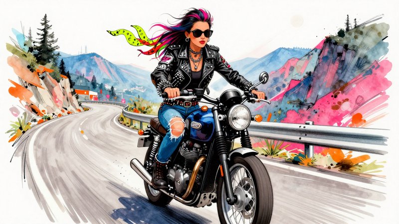 Woman biker riding a motorcycle on a winding mountain road in a colorful watercolor illustration