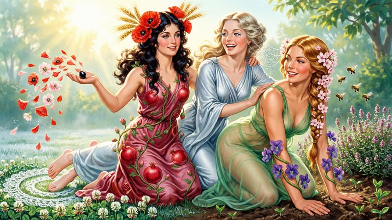 1970s vintage pulp art, Persephone, Olwen, and Lada standing intertwined in a sun-dappled garden, their bodies forming a living triad of spring’s resurgence—Persephone’s dark curls crowned with blood-red poppies and golden wheat, her gown a tapestry of pomegranate silk and budding vines, one hand cradling a single black seed while the other scatters petals that burst into blossoms midair. Olwen, luminous as morning frost, trails barefoot through the grass, each step birthing perfect circles of white clover that spiral outward like lacework, her silver-blue robes whispering against wild thyme as she turns to laugh, sunlight catching the dew-strung web of her eyelashes. Lada, lush and radiant, presses her palms into the earth where violets erupt in spirals up her arms, her honey-colored braids twined with cherry blossoms, the sheer green gauze of her dress barely containing the swell of her hips as she leans into the others—three goddesses caught in a moment of shared breath, the air between them humming with bees drunk on nectar, the ground beneath them shuddering with new growth, their combined presence making the very light ripple like heat over a fertile field., vintage pulp art, by Earle K. Bergey, by Kelly Freas, by Alex Schomburg, by H. J. Ward, glossy pulp art, Amazing Stories, Weird Tales, 8k, high resolution, best quality