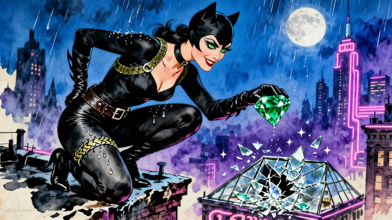 Catwoman in a black suit on a rain-soaked rooftop, clutching a glowing emerald diamond.