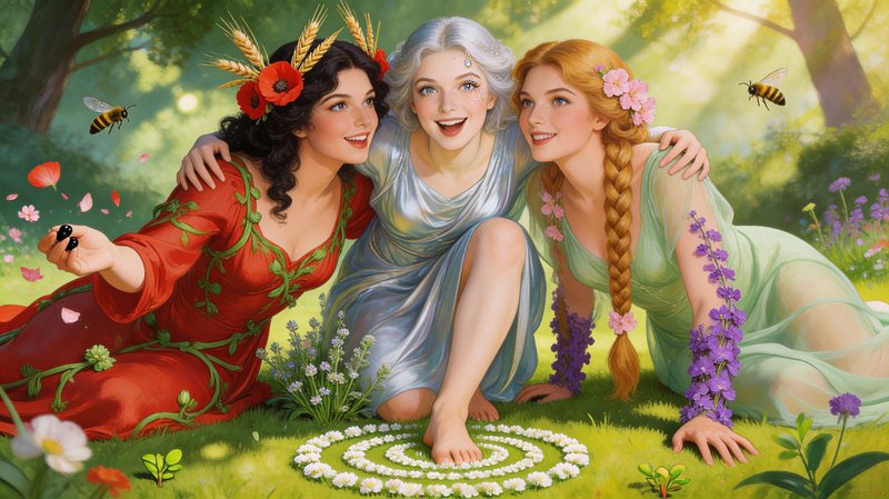 Three ethereal women in colorful dresses sit in a sunny meadow with flower crowns and a circular petals pattern.