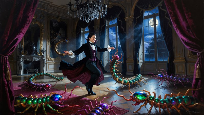 Whimsical oil painting. A playful vampire with a charming smile and elegant attire, dancing with a swarm of iridescent centipedes in a moonlit ballroom. The style evokes a classic oil painting with rich textures and dramatic chiaroscuro lighting. A surreal and slightly unsettling atmosphere. Art by Caravaggio and Tim Burton, impasto technique, deep shadows, vibrant jewel tones.