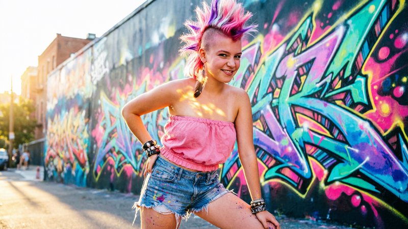 A vibrant pink chick-punk grunge watercolor wash ink sketch bursts onto the scene, capturing a cute yet rebellious girl with a whimsical flair. She stands confidently in front of a towering 3D graffiti wall, its neon colors swirling in perspective, the converging lines pulling the eye toward her as if she’s the magnetic center of this urban canvas. Her blousy tube top clings to her torso, the golden hour light dancing across her bosom, casting glimmering shadows that accentuate her attitude. She rocks a pair of casual denim shorts, their edges frayed and paint-speckled, just like her spirit—unapologetically bold. Her hair is a wild pink mohawk, spikes rising defiantly, with hints of violet and platinum streaks that catch the sunlight and echo the graffiti's riotous palette. The scene is alive with energy: her playful stance, one hip cocked, sneakers planted firmly as if she’s daring the world to challenge her. The air is thick with the scent of spray paint and summer, and her sly half-smile promises adventure. Every detail radiates personality—her wrists adorned with chunky bracelets, a single feather earring swinging with her movements, and the glint of mischief in her eyes. She’s the embodiment of punk whimsy; a living mural whose presence makes the city pulse with excitement and possibility.