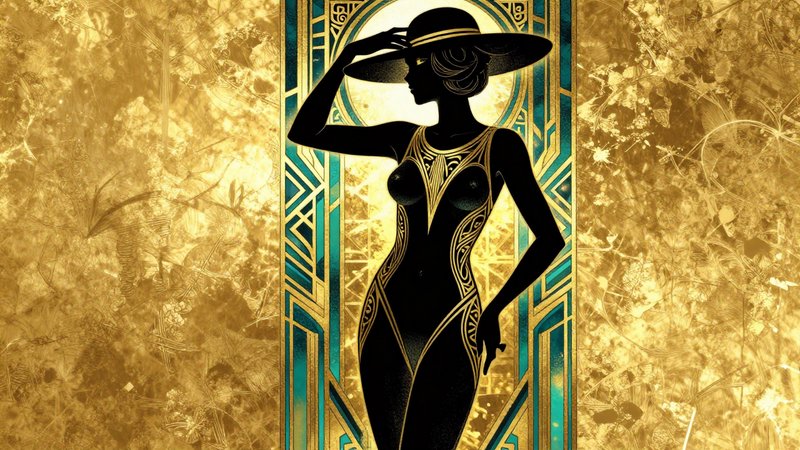 Art deco silhouette of a woman in a hat, black figure against a gold ornate background.