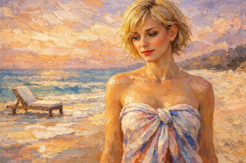Woman in a pastel tied-up dress on a beach at sunset, impressionist painting.
