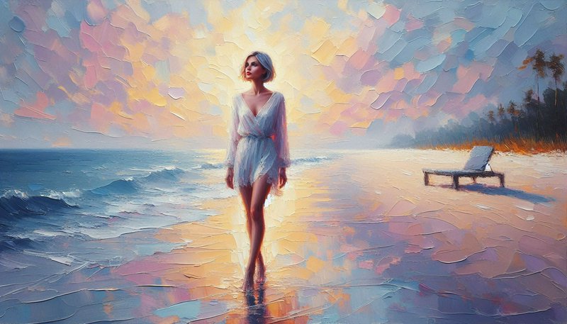 Impressionist-style painting of a woman in a light dress walking along a sunlit beach at sunset with a lounge chair in