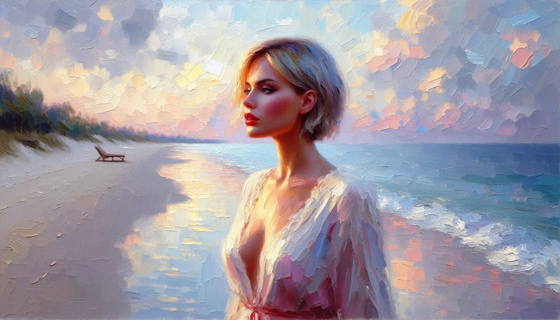 Beachside portrait of a woman with short blonde hair in a flowing white dress, impressionist style.