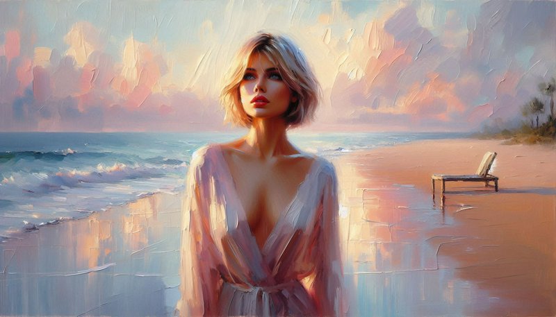 Impressionist-style portrait of a woman in a white dress on a sunset beach with waves.