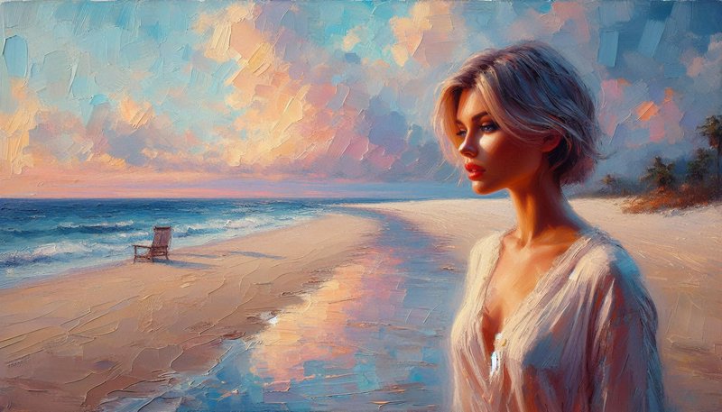 Impressionist-style painting of a woman on a sunset beach with pastel sky and calm sea.