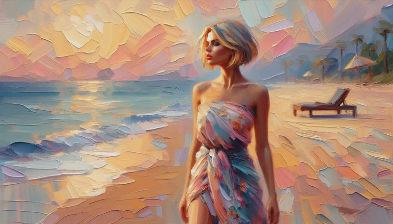 Woman in a floral wrap dress stands on a sunset beach in an impressionist painting.