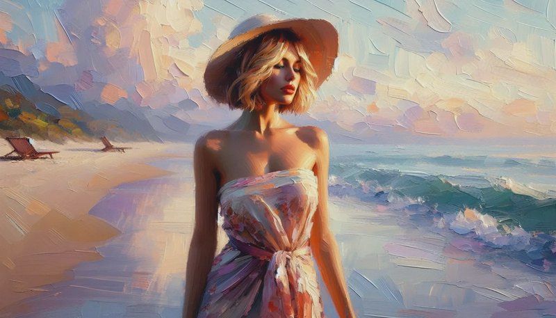Woman in a wide-brim hat on a sunny beach, depicted in impressionist brushstrokes.