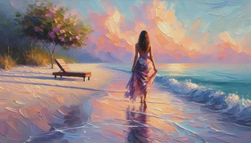 Impressionist painting of a woman walking along a sunset-lit beach with a chair on the shore.