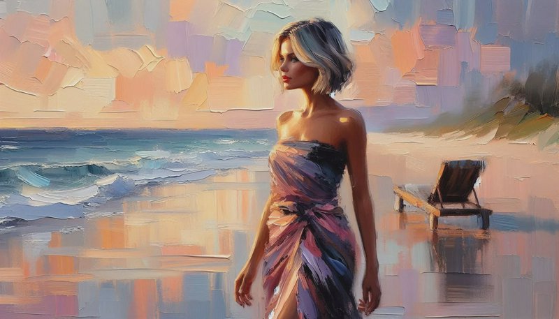 Woman in a pastel wrap dress on a beach at sunset in an impressionist painting.