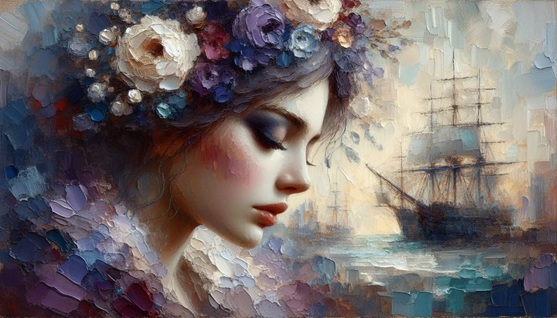 Dreamy portrait of a woman with a floral wreath against a seascape and ship in impressionist painting