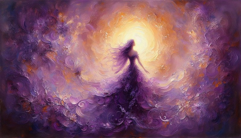 Mystical purple painting of a glowing female silhouette surrounded by swirling light.