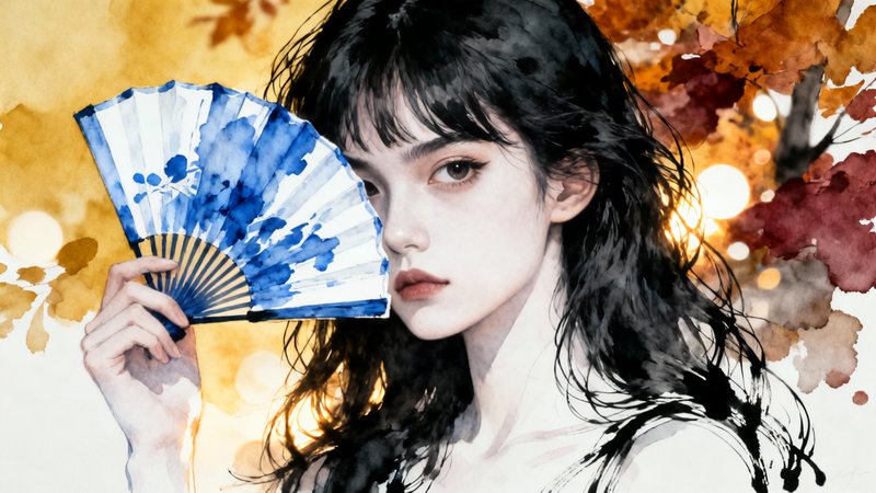 Watercolor-style portrait of a woman with black hair holding a blue and white fan.