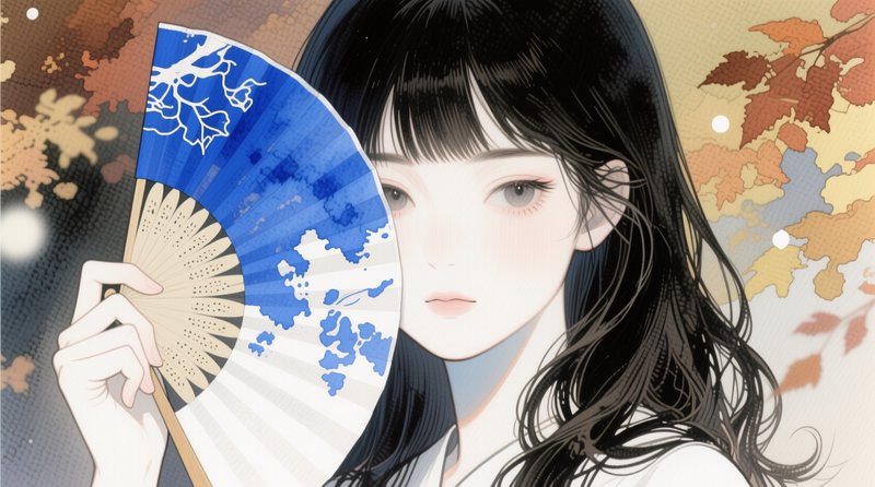 Illustrated young woman with long black hair holding a blue-and-white decorative fan.