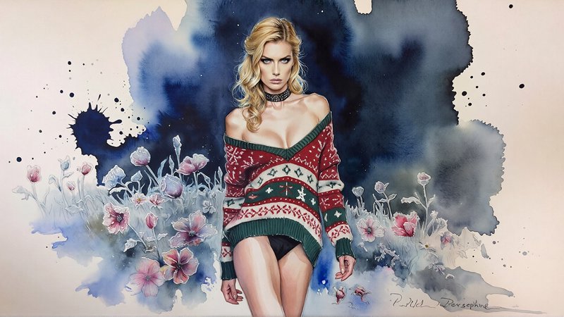 inkpunk watercolor wash fashion sketch, Portrait of persephone in a cozy ugly Christmas sweater, low scoop beckline, statuesque, cleavage, full body view, stands in a winter garden of flowers in a winter wonderland, her sparkling blonde hair is styled in loose waves and she is looking at the viewer with a serious expression on her face. the background is a dark blue with splashes of white and gray. the overall mood of the image is sensual and alluring. dreamy, sexy