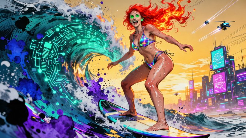 Stylized woman with red hair surfing a neon, sci-fi wave toward a futuristic city.