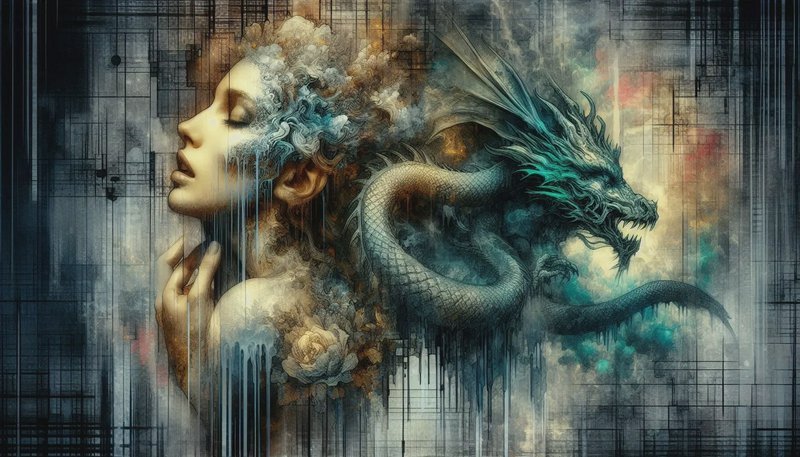 Profile of a woman merging with a blue dragon in a smoky, abstract fantasy illustration.