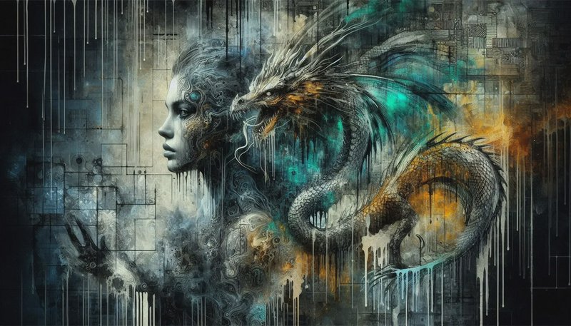 Fantasy mural of a cybernetic female figure intertwined with a dragon in moody blues and oranges.