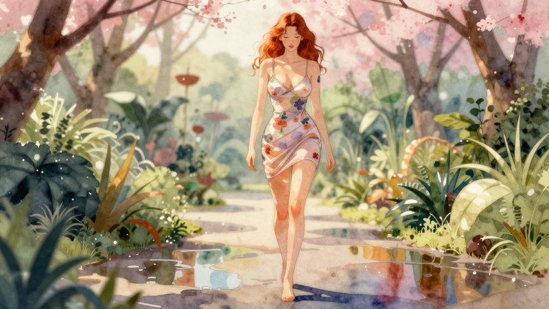 Watercolor illustration of a red-haired woman in a floral dress walking barefoot through a sunlit garden.