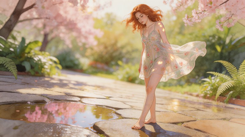 Red-haired woman in a sheer floral dress walks barefoot on a sunlit garden path among pink cherry blossoms.