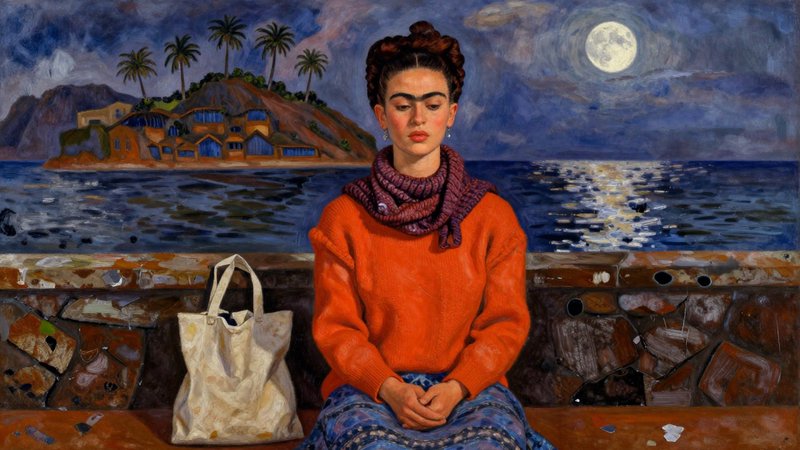 Woman in an orange sweater sits on a seaside bench at night, with a white tote bag beside her and a moonlit village in