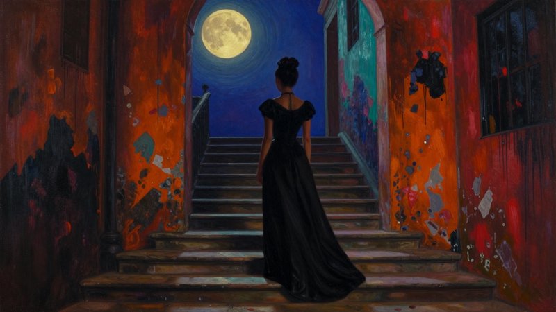 Silhouetted woman in a black gown stands on graffiti-covered stairs under a full moon.