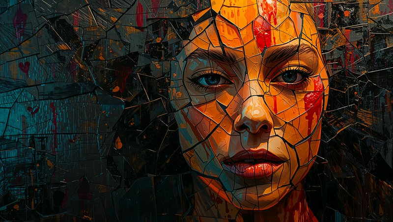 Close-up of a woman's face created from colorful shattered glass mosaic.
