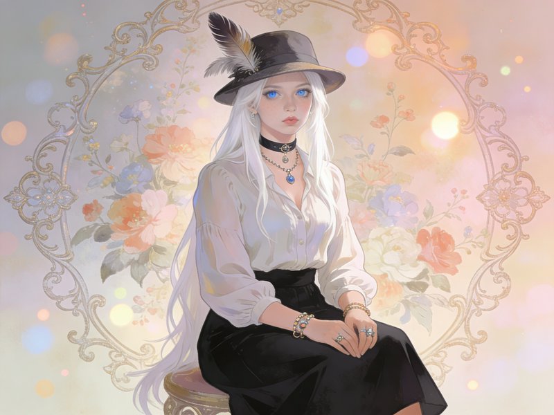 Anime-style woman with long white hair in a black feathered hat, seated among a floral, ornate backdrop.