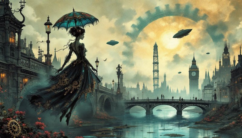 Steampunk woman in ornate gown with parasol beside a river in a futuristic Victorian city.