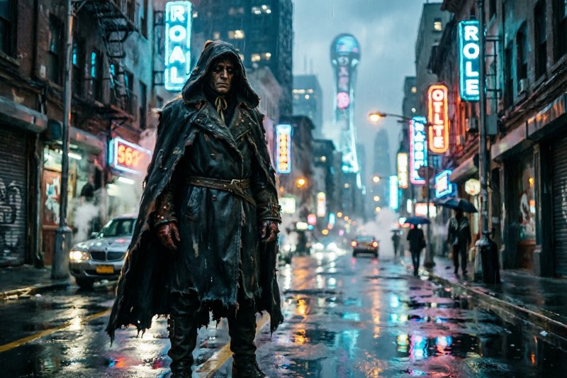 Hooded, tattered-cloak figure stands in a rain-soaked neon-lit city street.