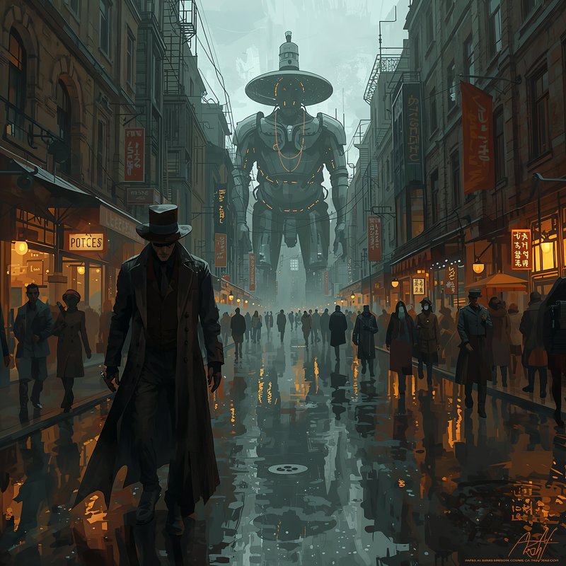 Rainy neon-lit street with a towering mech and a noir-clad man in a trench coat.