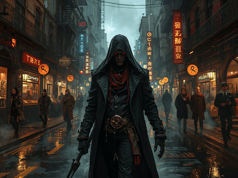 Hooded vigilante with glowing red eyes in a neon-lit, rainy city street.