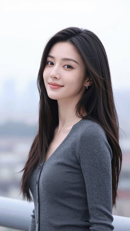 Portrait of a young woman with long dark hair wearing a gray cardigan outdoors on a rooftop.