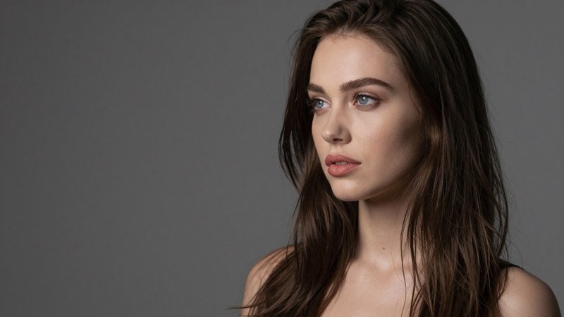 Portrait of a young woman with long brown hair against a gray studio background