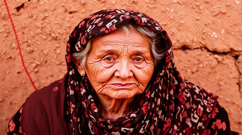 Portrait of an elderly woman wearing a patterned headscarf beside a clay wall.