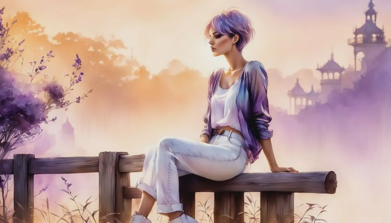 Woman with lavender hair sits on a wooden fence in a pastel sunset garden with purple mist.