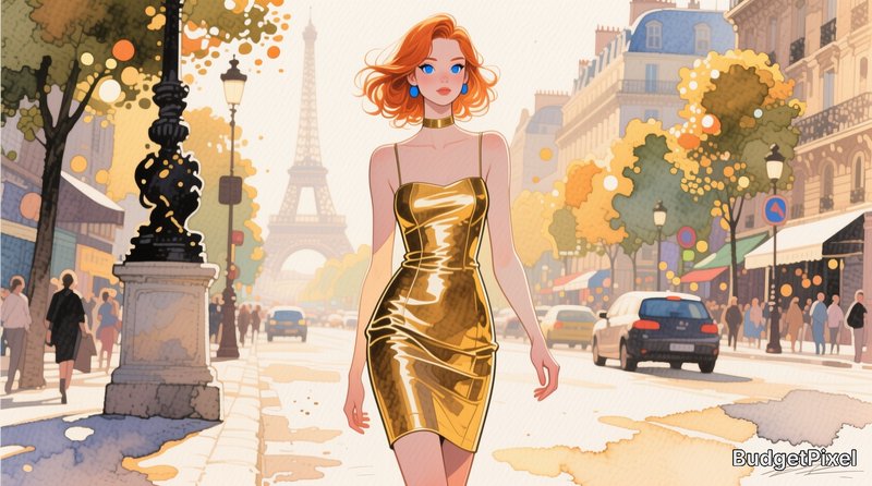 Red-haired woman in a shiny gold dress walking a Paris street with autumn trees and the Eiffel Tower in view.