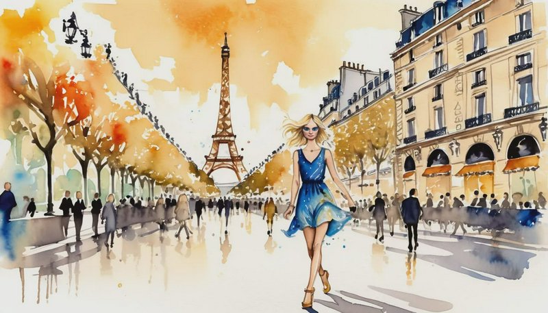 Watercolor Paris street scene with a stylish woman in a blue dress and the Eiffel Tower in the background