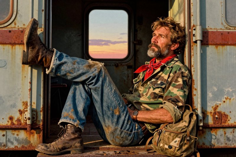 Rugged outdoorsman in camo shirt and jeans sits in a rusted train car doorway at sunset.