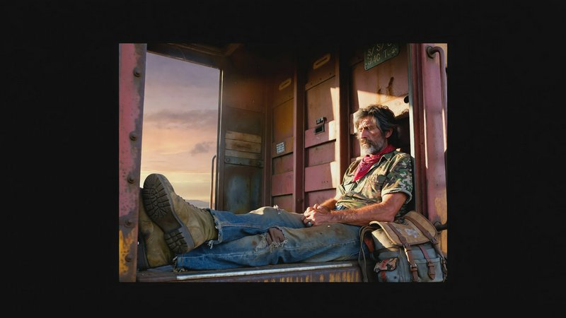 Rugged man resting in the doorway of a rusty freight train car at sunset