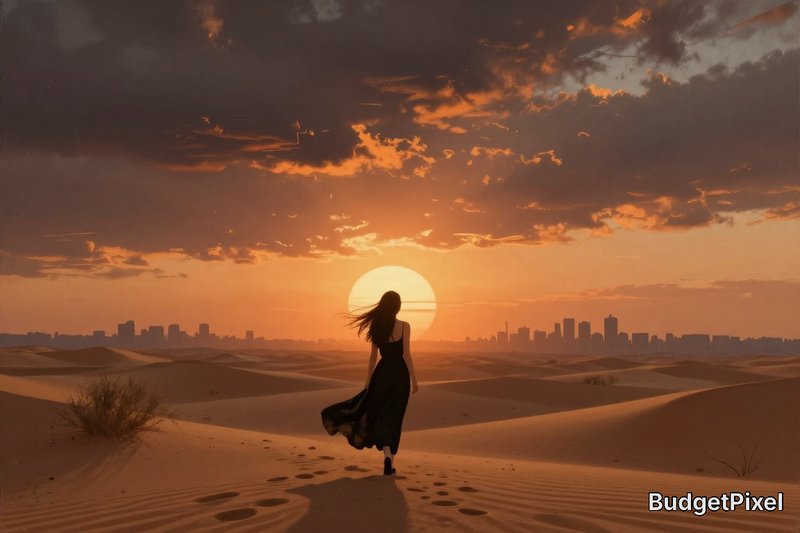 Silhouette of a woman in a black dress walking across desert dunes at sunset with a distant city skyline.