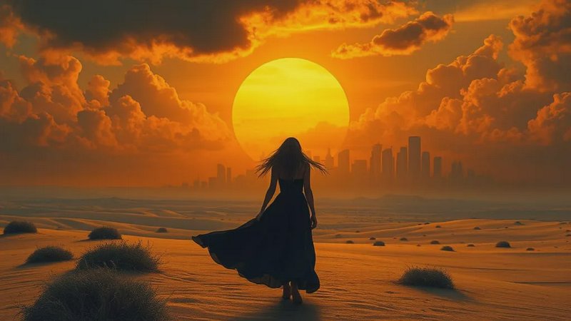 Woman in a flowing dress walking toward a giant sunset over a desert with a distant city skyline.